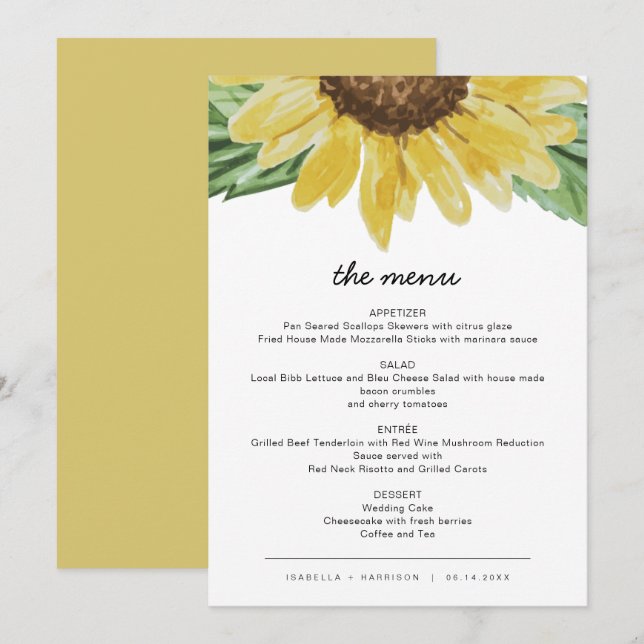 Emma - Rustic Sunflower Wedding Menu Cards (Front/Back)