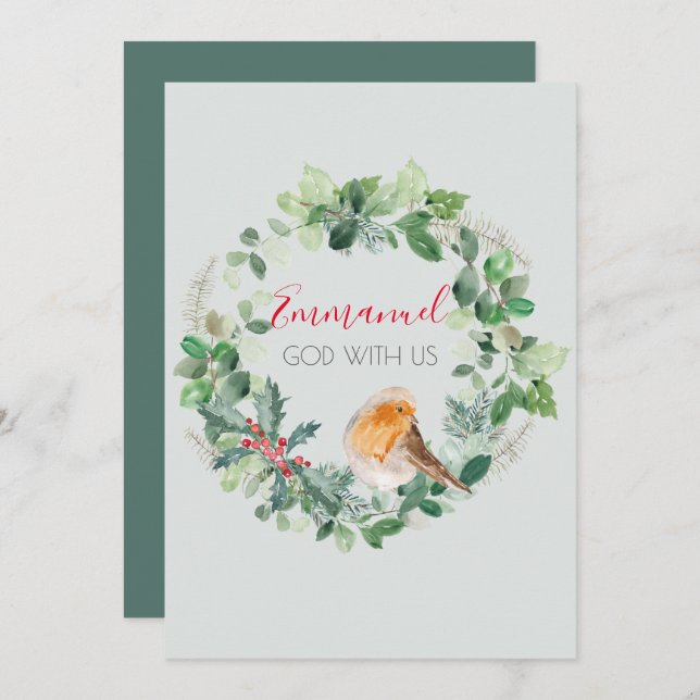 Emmanuel God with Us Watercolour Wreath Christmas  Holiday Card (Front/Back)