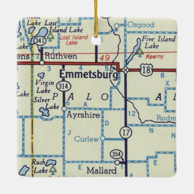 Emmetsburg IA Vintage Map Ceramic Ornament (Back)