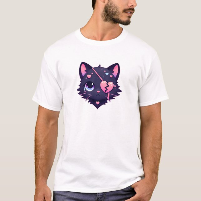 Emo But Cute – Sad Cat with Heart Patch Illustrati T-Shirt (Front)
