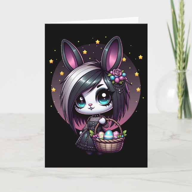 Emo Easter Bunny Cute Goth Girl Whimsigoth Egg Hun Card (Front)