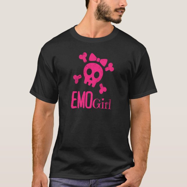 Emo Girl Pink Skull With Bow Tie Emo Goth Emotiona T-Shirt (Front)
