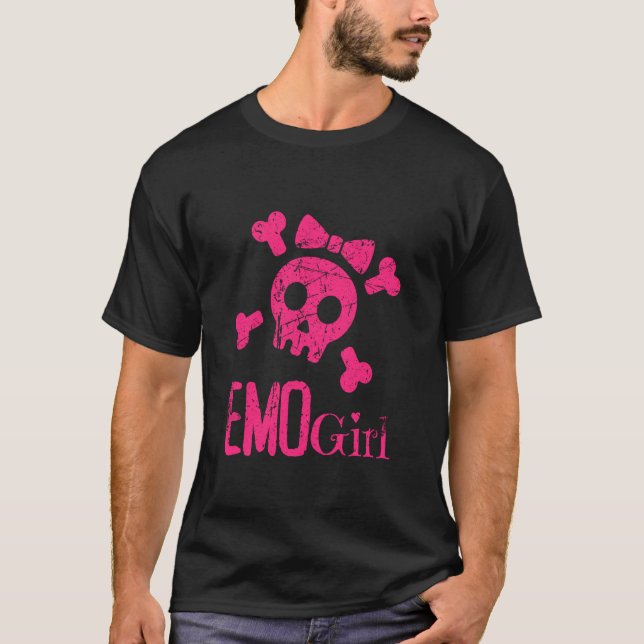 Emo Girl Pink Skull With Bow Tie Emo Goth Emotiona T-Shirt (Front)