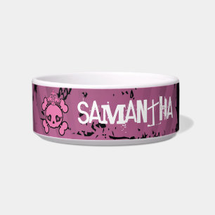 EMO Pink Skull Crossbones Girly Pet Food Bowl