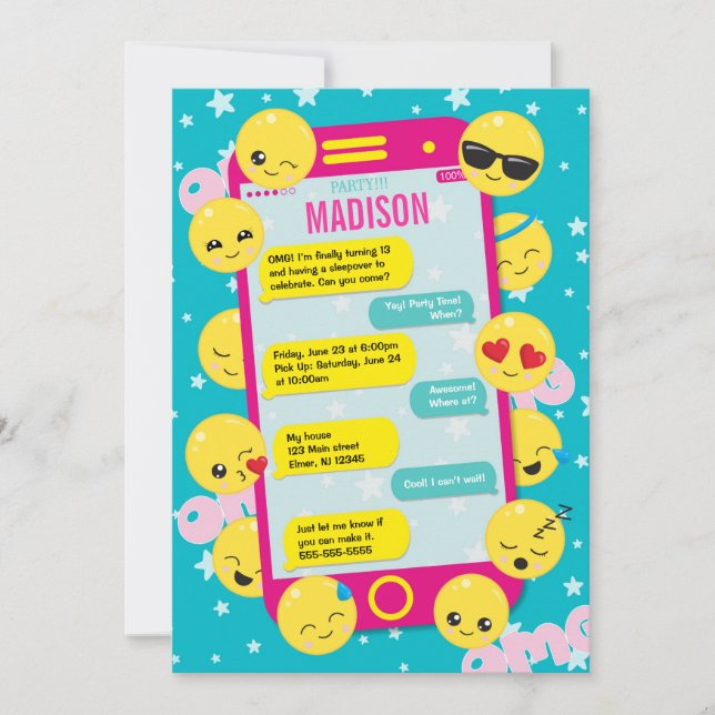 Emoji Birthday Invitation / Cell Phone Text Invite (Front)