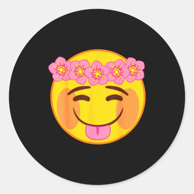 Emoji Flower Crown Tongue Yellow Smile Face  Classic Round Sticker (Front)