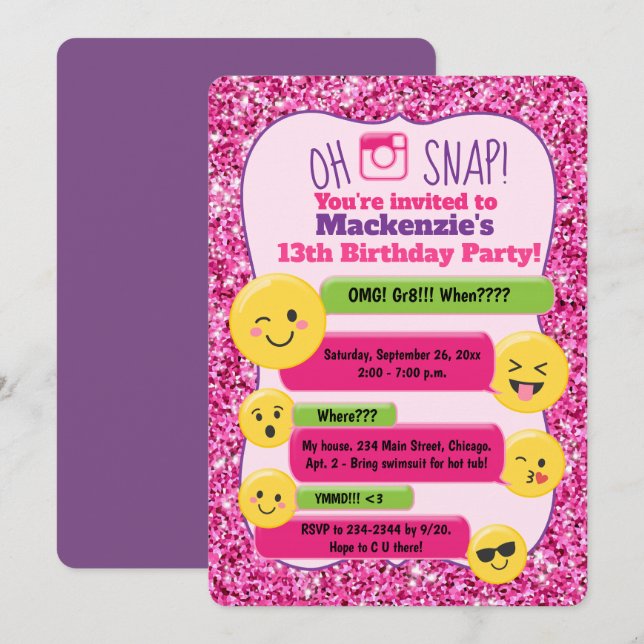 Emoji Girl's Teen Tween Birthday Pink Glitter Invitation (Front/Back)