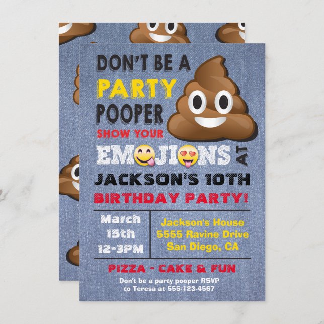 Emoji Party Pooper Birthay Invitation (Front/Back)