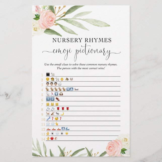 Emoji pictionary baby shower game pink greenery (Front)