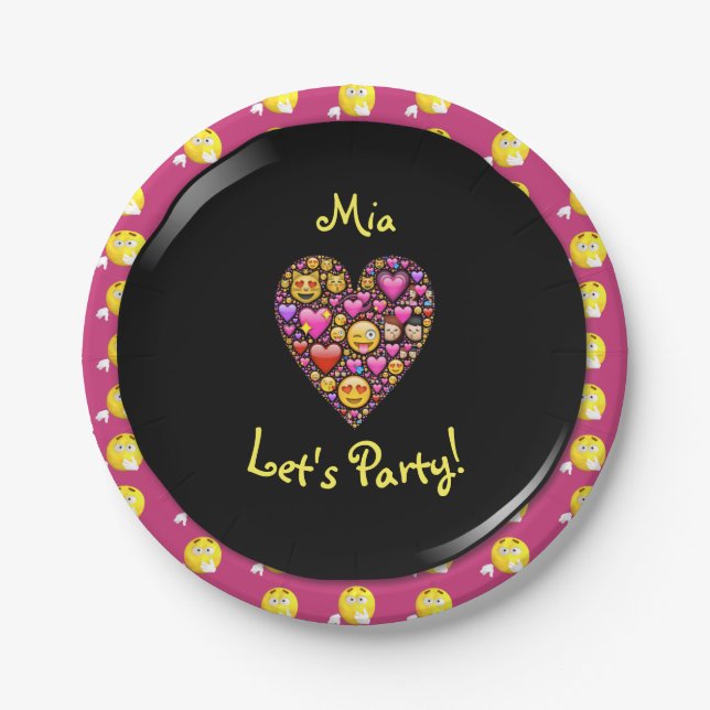 EMOJI Pink Black Girls Love Emoticons Party Paper Plate (Front)