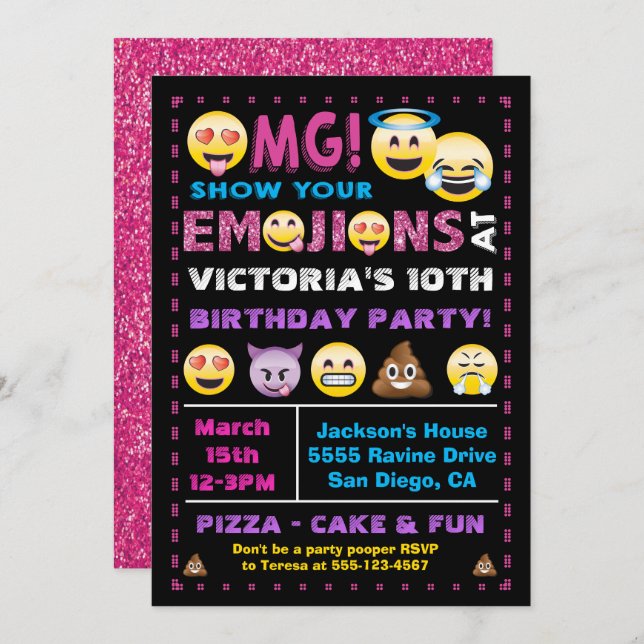 Emoji Pink Glitter Birthday Party Invitation (Front/Back)