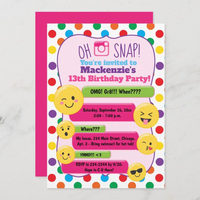 Emoji Texting Multi-Colour Girl's Birthday Teen Invitation (Front/Back)