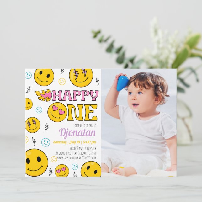 Emojis First Birthday Invitation With Photo (Standing Front)