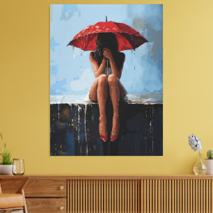 Emotional Female Portrait with Red Umbrella Canvas Print