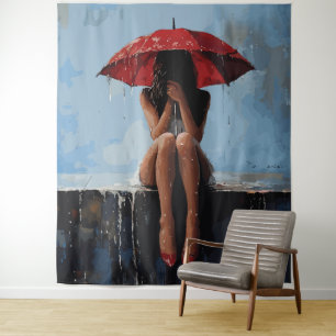 Emotional Female Portrait with Red Umbrella Tapestry