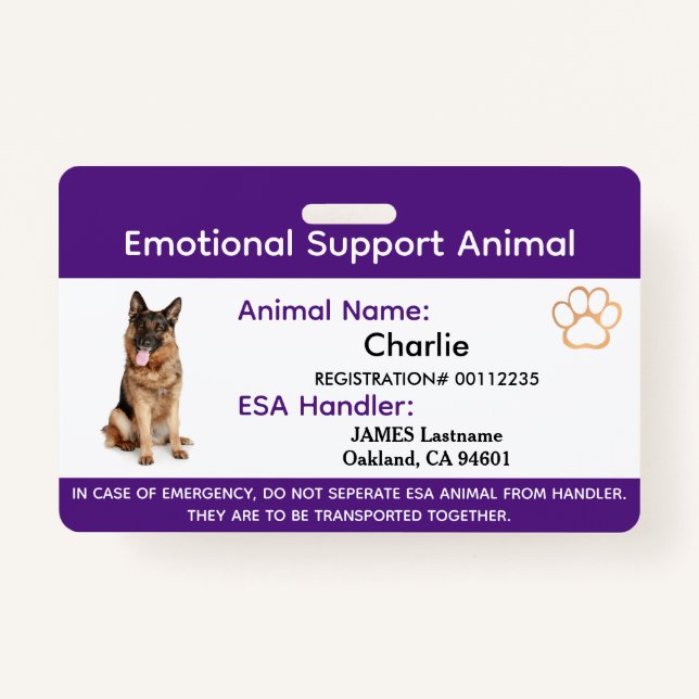 Emotional Support Animal ESA ID One Photo Badge (Front)