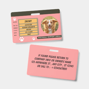 Emotional Support Animal ID Card Template Badge