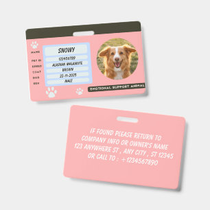Emotional Support Animal ID Card Template Badge