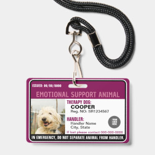 Emotional Support Animal ID Therapy Photo Custom Badge