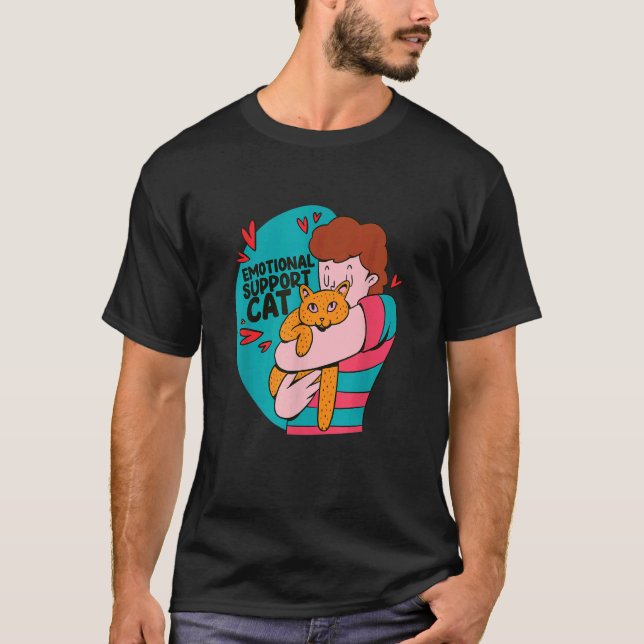 Emotional Support Cat. Hugging Orange Tabby Cat T-Shirt (Front)