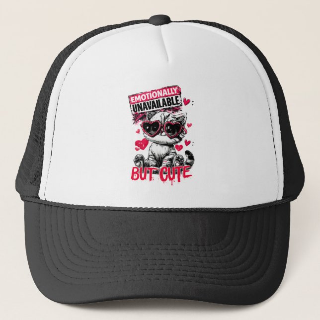 Emotionally Unavailable But Cute Cat with Sunglass Trucker Hat (Front)