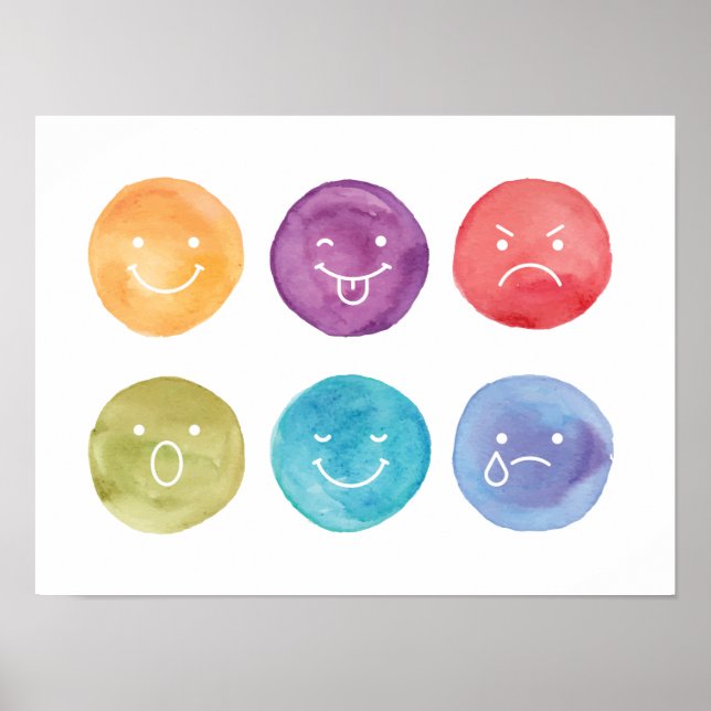 Emotions playroom art colourful watercolor faces poster (Front)