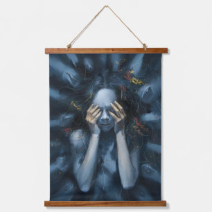 Emotive Abstract Portrait – Surreal Blue Art Hanging Tapestry