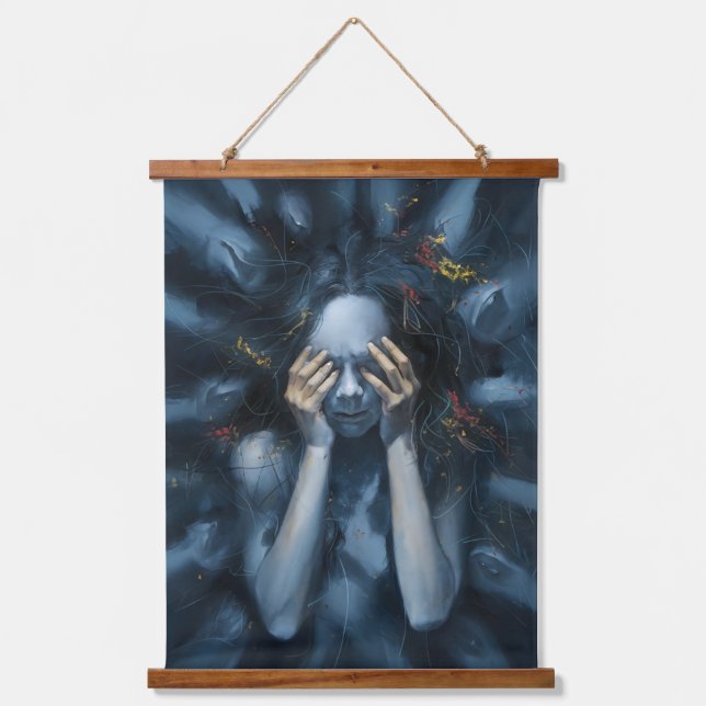 Emotive Abstract Portrait – Surreal Blue Art Hanging Tapestry (Front)