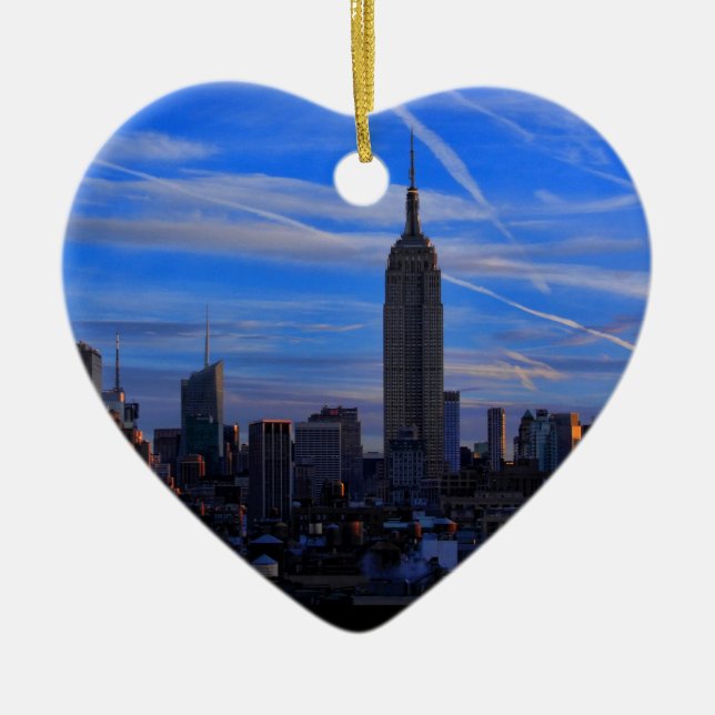 Emp St Bldg, NYC Skyline and Jet Trails Ceramic Tree Decoration (Front)