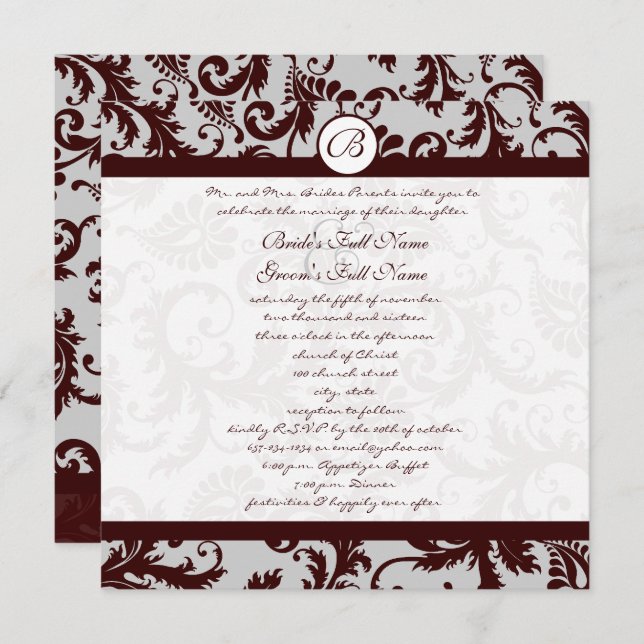 Emperator Chocolate Brown Damask Wedding Invite (Front/Back)