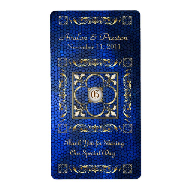 Emperor Blue Stained Glass Wine Wedding Label (Front)