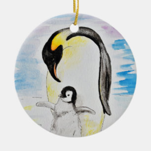 Emperor Penguin and Chick Watercolor Painting Ceramic Tree Decoration