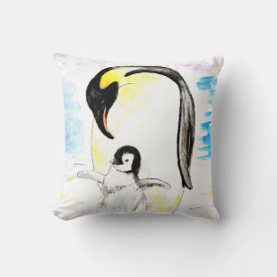 Emperor Penguin and Chick Watercolor Painting Cushion