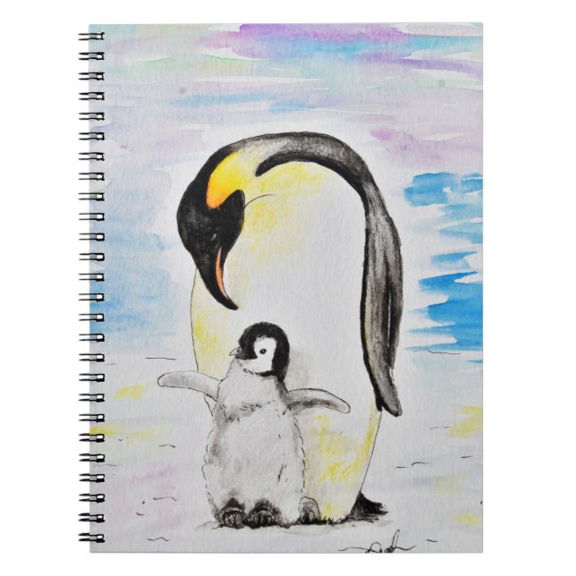 Emperor Penguin and Chick Watercolor Painting Notebook (Front)