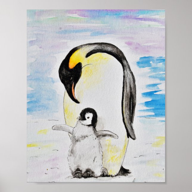 Emperor Penguin and Chick Watercolor Painting Poster (Front)