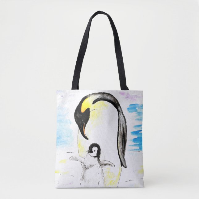 Emperor Penguin and Chick Watercolor Painting Tote Bag (Front)