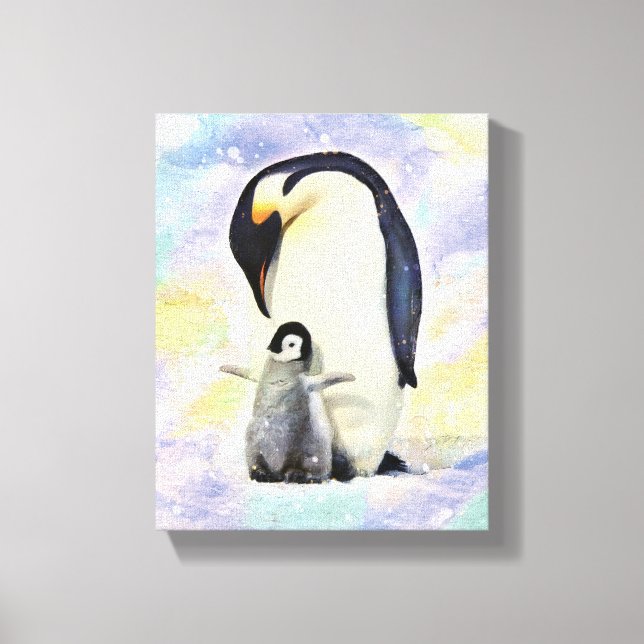 Emperor Penguin with Baby Chick Watercolor Canvas Print (Front)