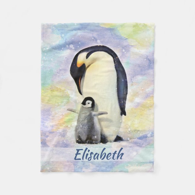 Emperor Penguin with Baby Chick Watercolor Fleece Blanket (Front)