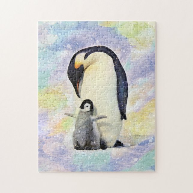Emperor Penguin with Baby Chick Watercolor Jigsaw Puzzle (Vertical)