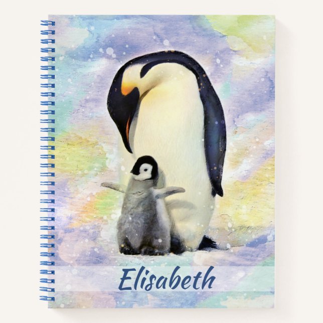 Emperor Penguin with Baby Chick Watercolor Notebook (Front)