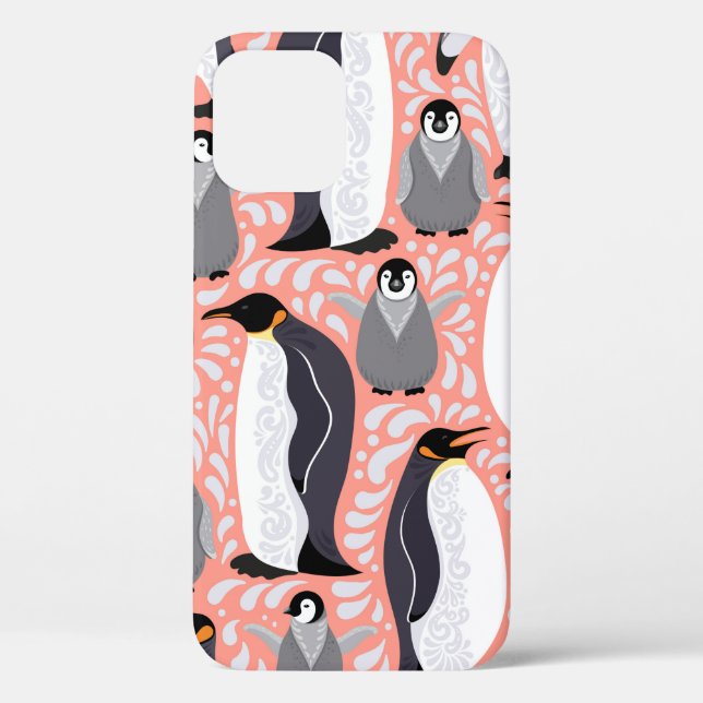 Emperor penguins and their cubs on a pink patterne Case-Mate iPhone case (Back)
