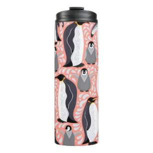 Emperor penguins and their cubs on a pink patterne thermal tumbler