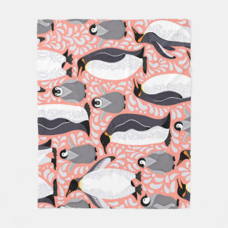 Emperor penguins, cubs, pink decorative pattern. fleece blanket