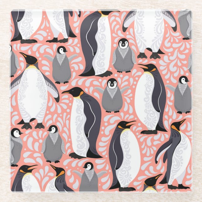Emperor penguins, cubs, pink decorative pattern. glass coaster (Front)