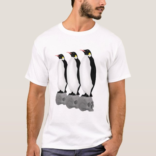 Emperor Penguins Standing on Human Skulls T-Shirt (Front)