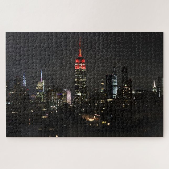 Empire State Building in Red Night Skyline Jigsaw Puzzle (Horizontal)