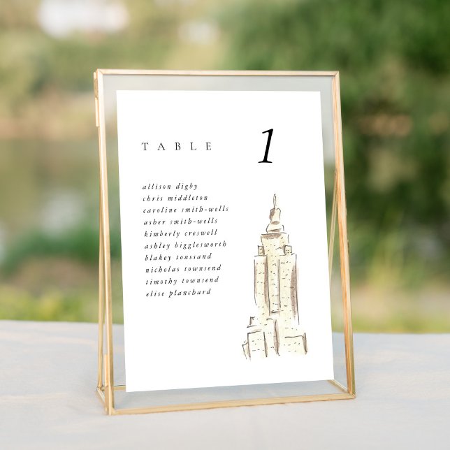 Empire State Building NYC Wedding Seating Chart (Watercolor Empire State Building chic New York City skyline wedding table number cards.)