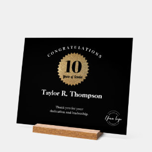 Employee 10 years of service gold seal custom logo acrylic sign