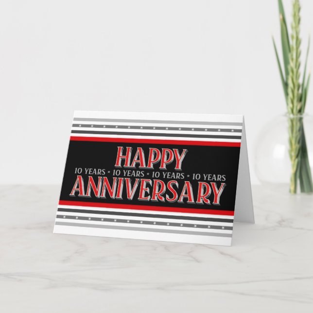 Employee 10th Anniversary Layered Font Red Grey Card (Front)