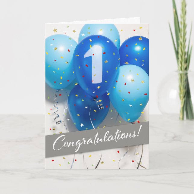 Employee 1st Anniversary Blue Balloons Card (Front)
